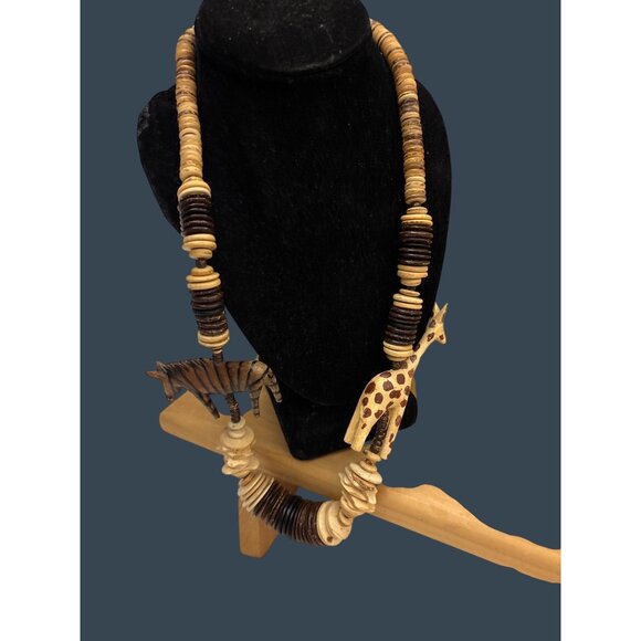 Handmade Wooden Beaded Necklace With Carved Giraffe & Zebra Pendants - Picture 10 of 15